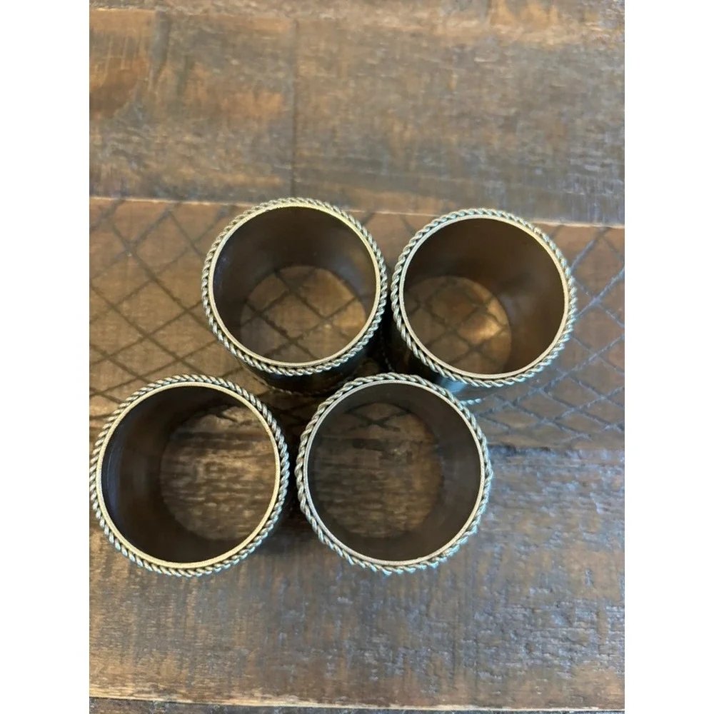 Napkin Ring Set 8 Silver Brushed Metal Braided Rope Trim Barrel Shape